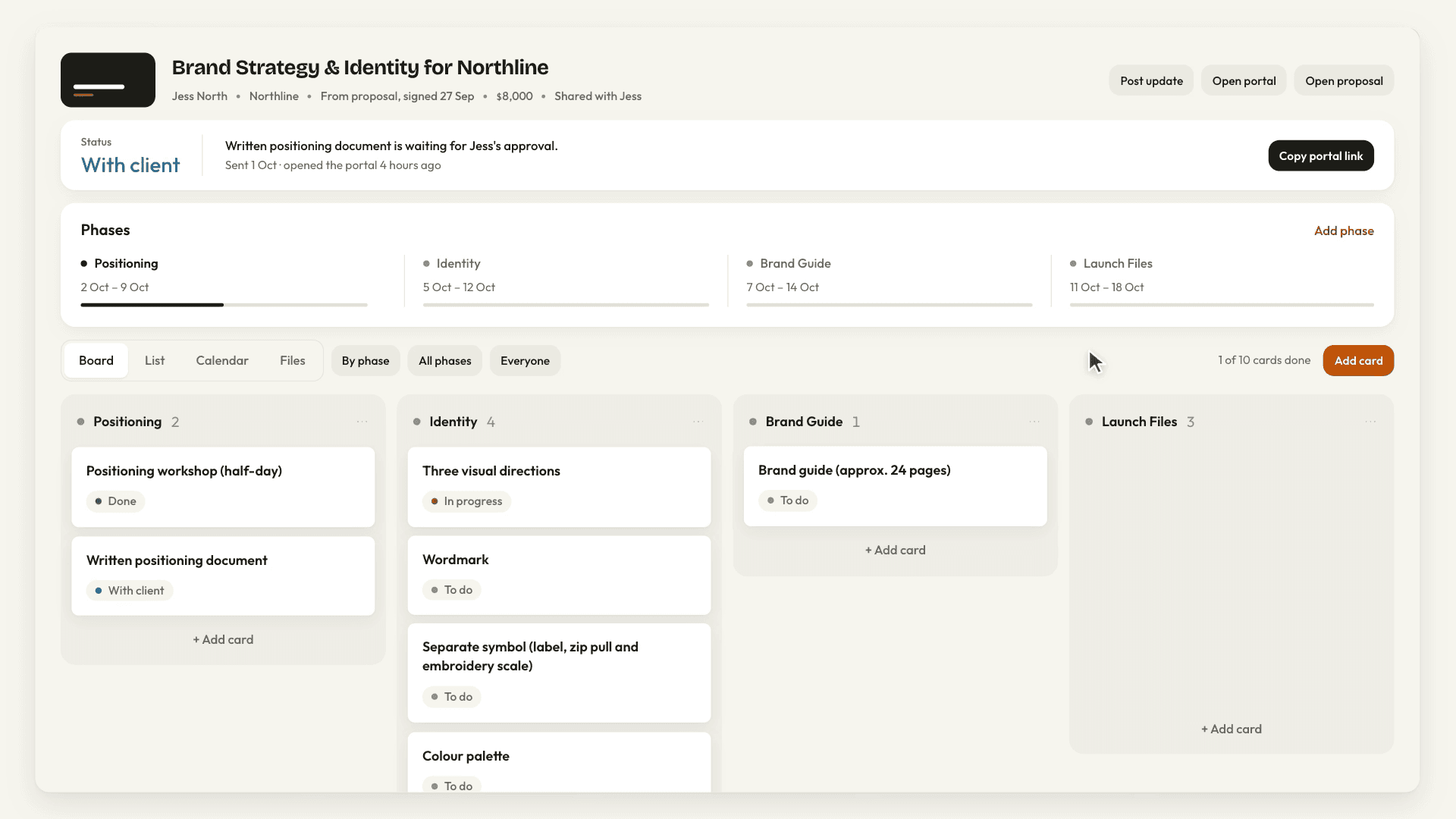 A project board in AirQuotes made from a signed proposal: four phases across the top and the deliverables as cards beneath each one.