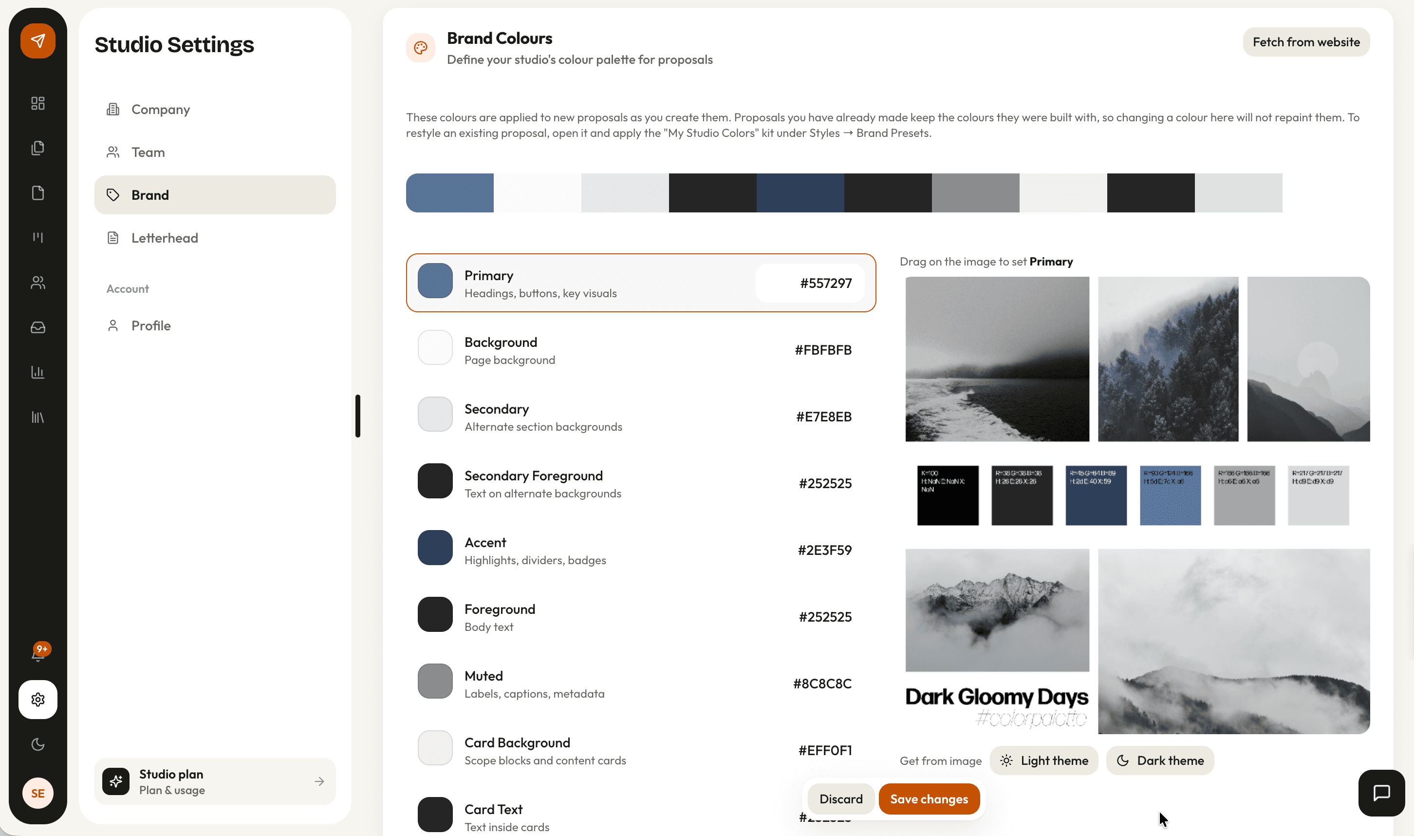 The brand settings screen with a fetched palette and typography