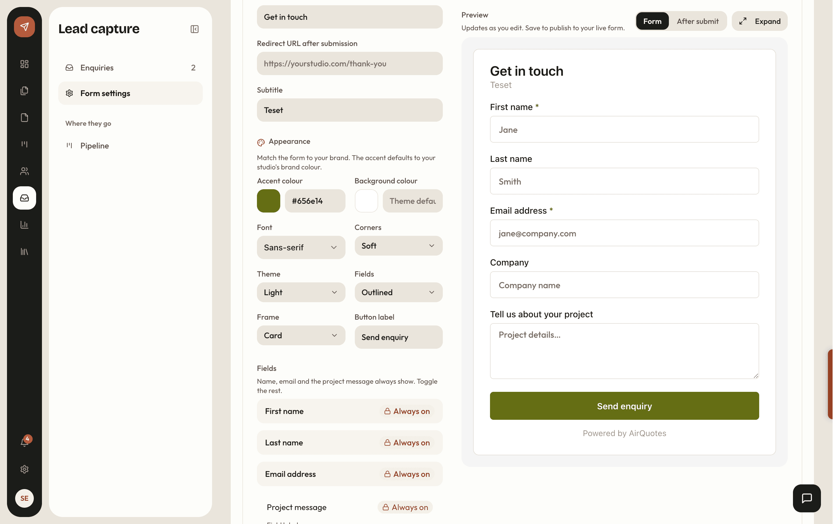 The lead capture form builder with the embed preview
