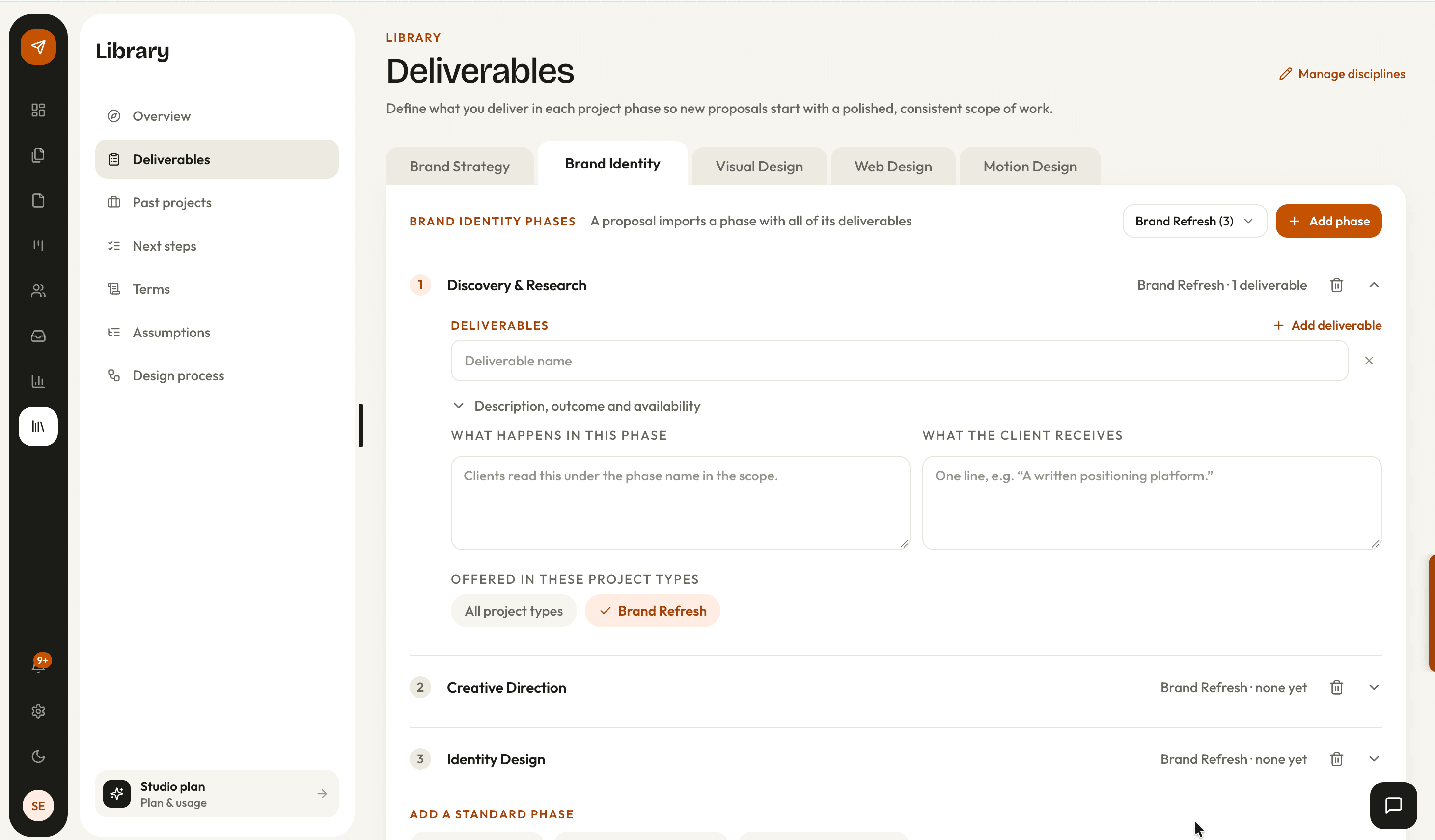 The content library with saved deliverables and terms
