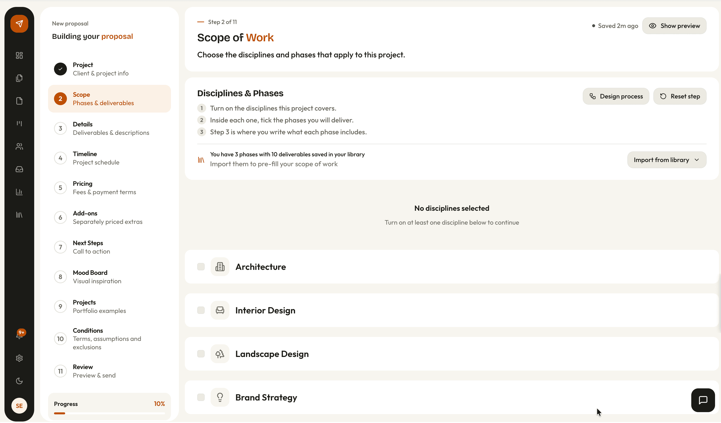 The discipline and phase picker in the proposal wizard