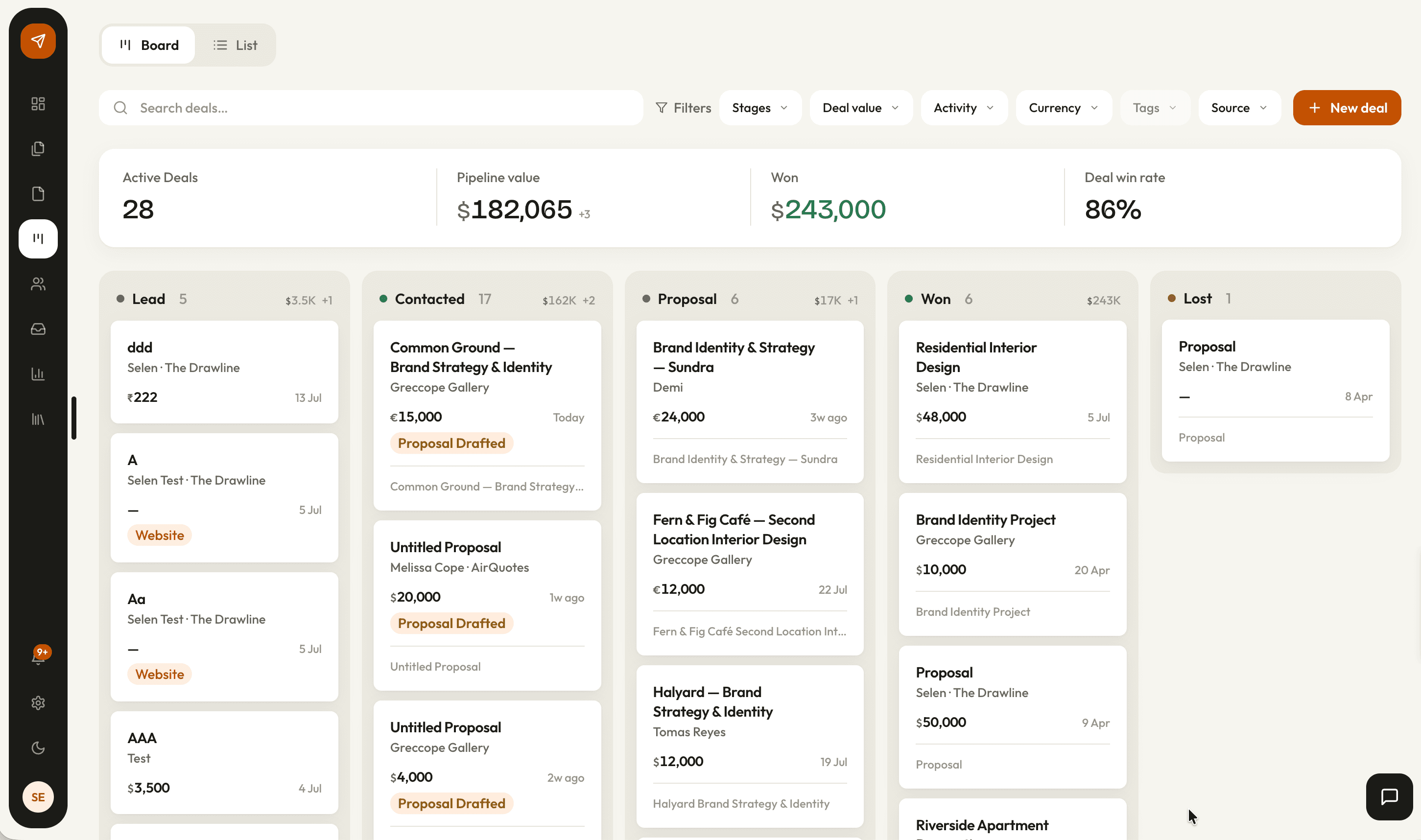 The pipeline kanban board with deals across stages