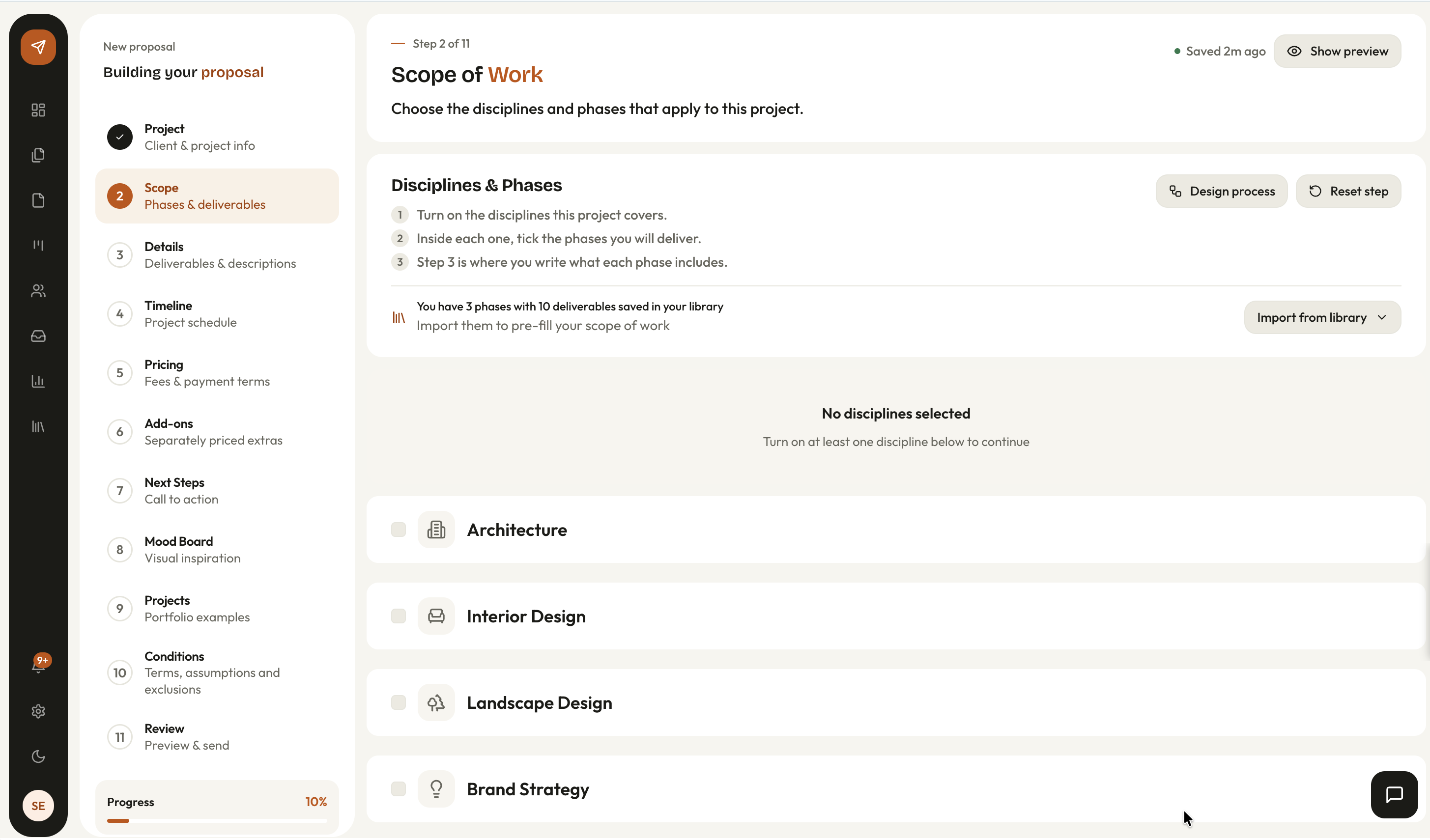 The scope of work step in AirQuotes, where the disciplines and phases for the project are chosen.